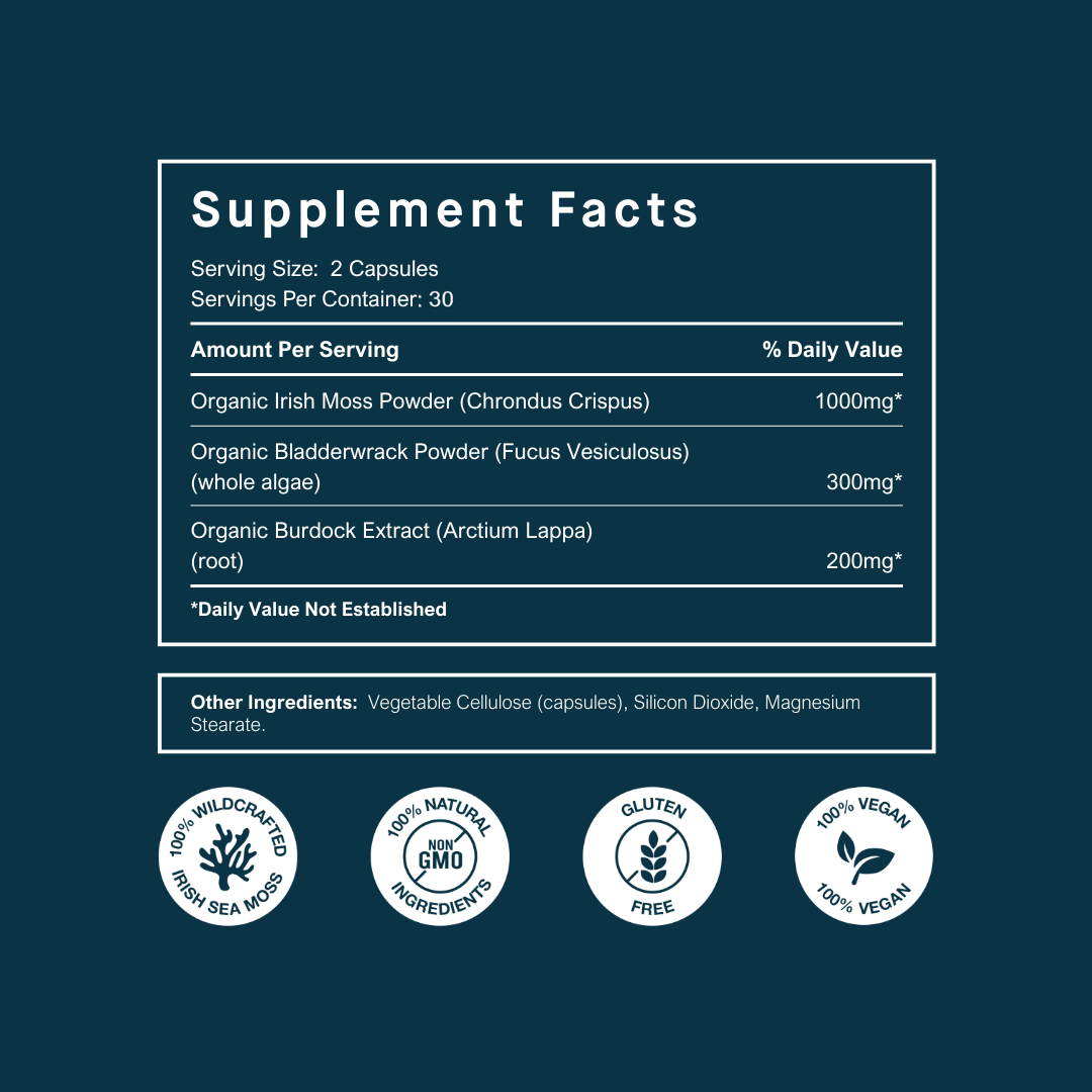 Irish Sea Moss Capsules With Bladderwrack and Burdock Root